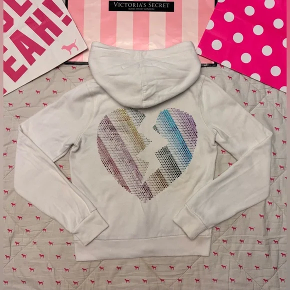 VS PINK VINTAGE Y2K FULL ZIP HOODIE WHITE RAINBOW BLING LOVE BROKEN HEART RARE M - Picture 2 of 11